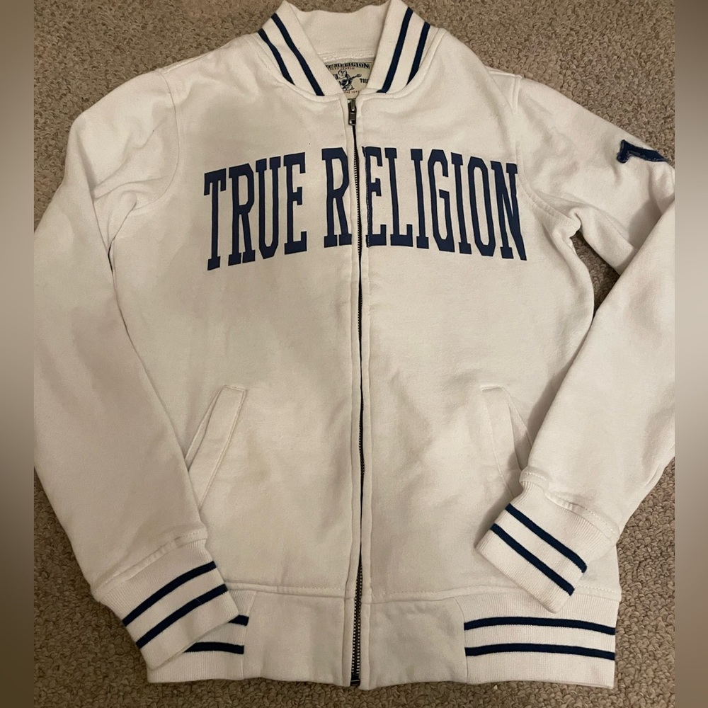 True Religion Cream Zip-Up with Navy Accents